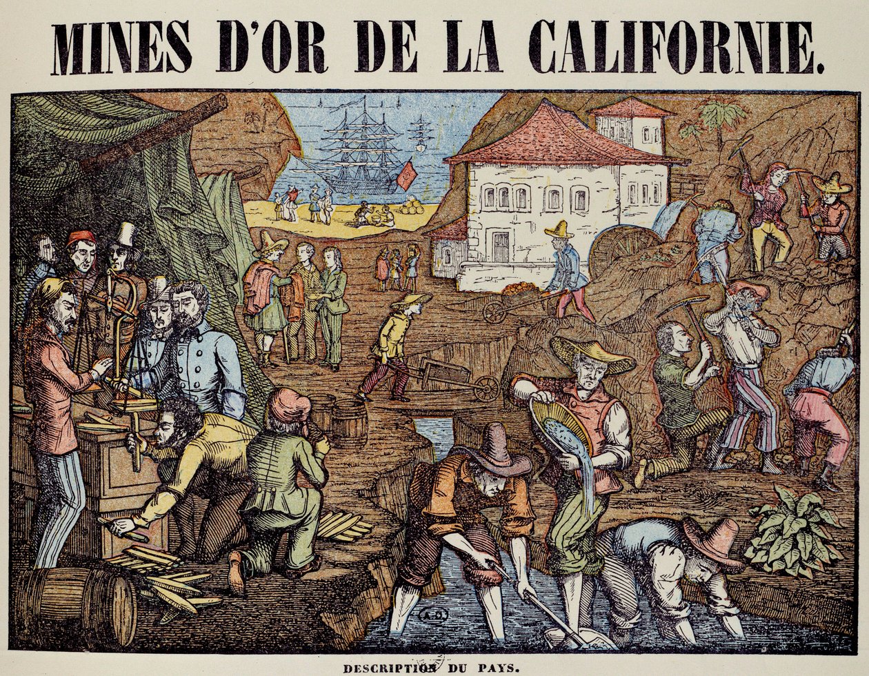 Ulike aktiviteter i en gullgruve i California: søk etter pepiter, veiing, kjøp, forlate varene. Gravering av 1800-tallet. Paris, dekorativ kunst av Unknown artist