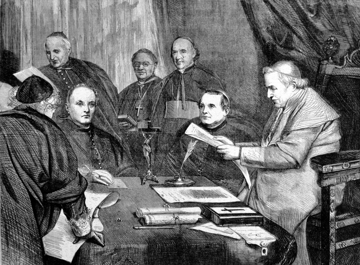 Vatikankonsil I. Pave Pius IX omgitt av medlemmer av rådets styre. 1869 av Unknown artist
