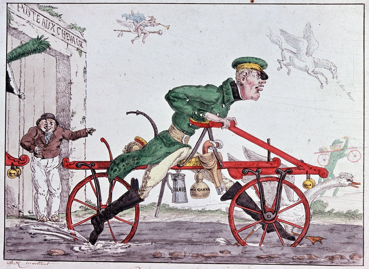 Velocipedes draisiennes - karikatur på Baron Drais av Unknown artist