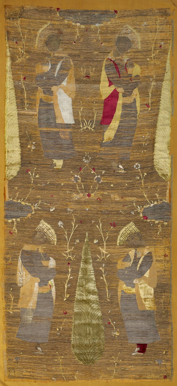 Fløyelspanel med fire ungdommer som lukter blomster av Unknown artist