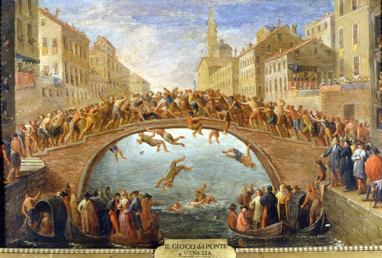 Venezia, broens spill. Anonymt maleri. 18. århundre. Privat Coll. av Unknown artist