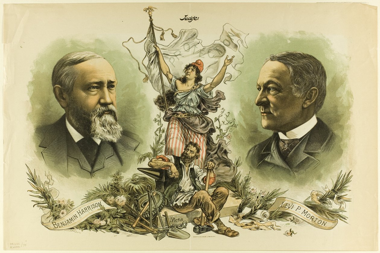 Seiersportretter av Benjamin Harrison og Levi P. Morton, fra Judge av Unknown artist