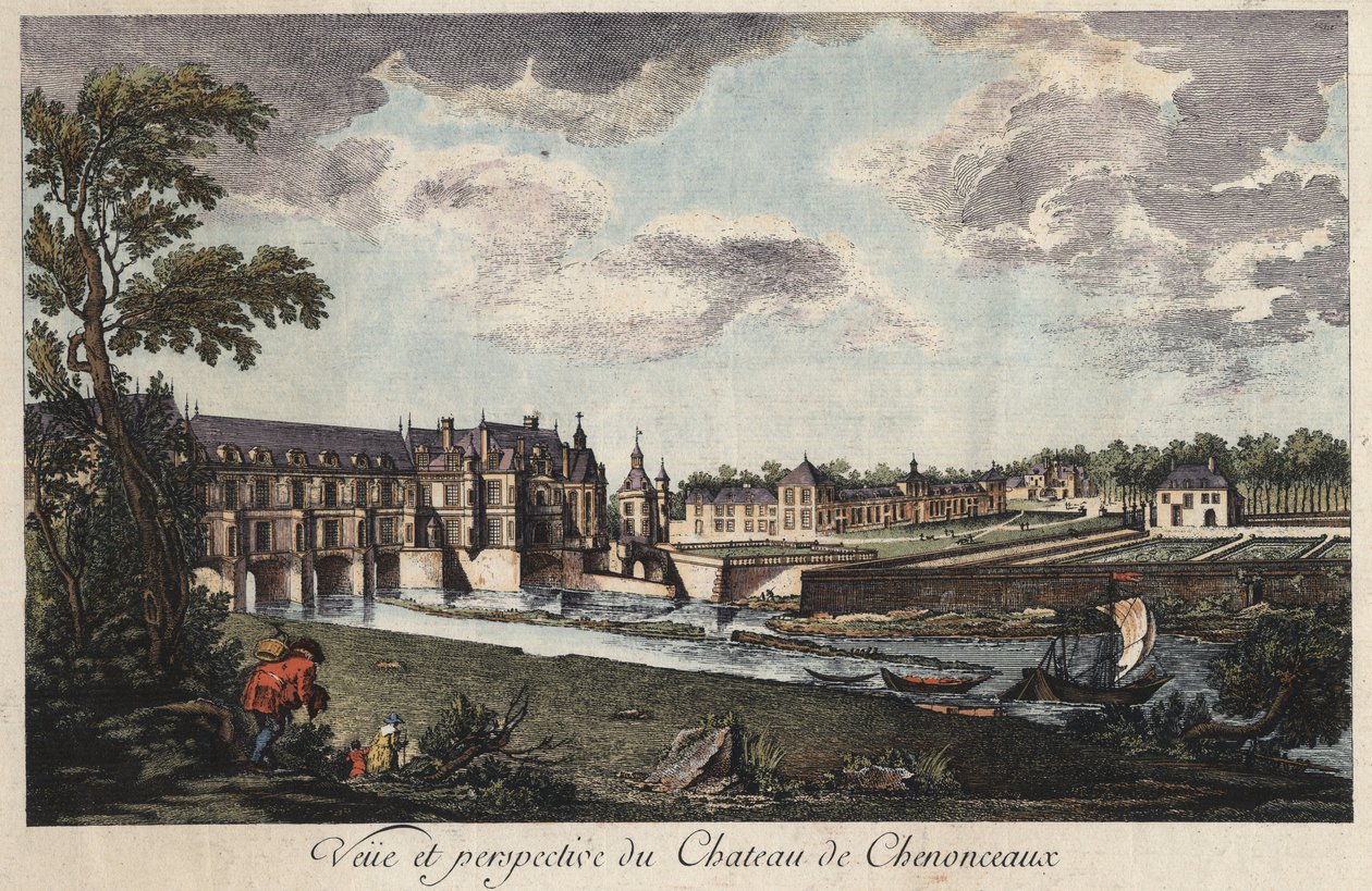 Utsikt og perspektiv av slottet Chenonceau i Indre-et-Loire (Frankrike) gravering fra 1700-tallet av Unknown artist
