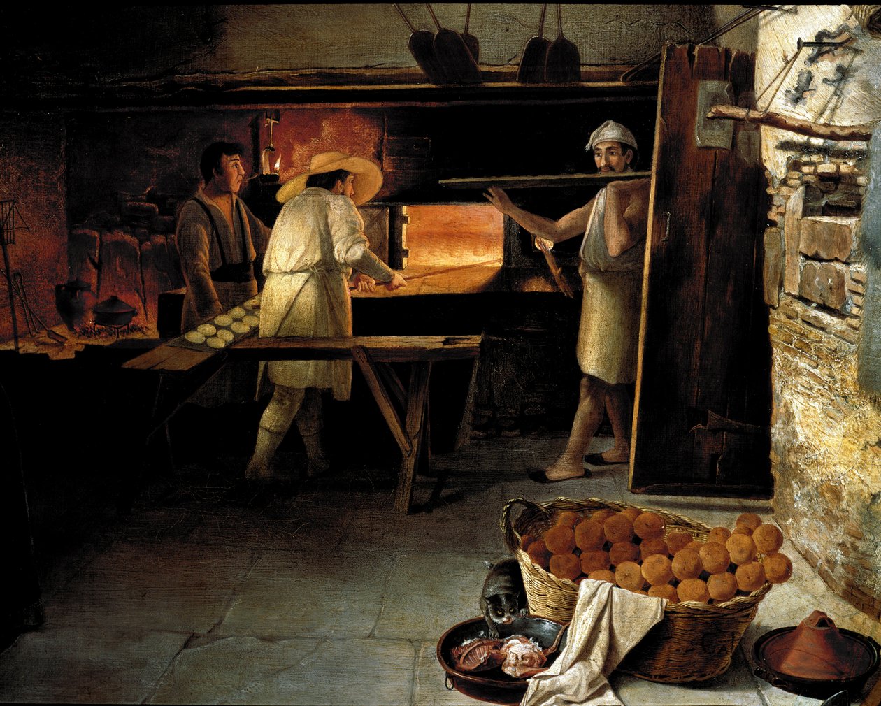 Utsikt fra innsiden av et bakeri Bakere baker brødet i ovnen. Anonymt maleri fra 1700-tallet. Roma, Museo del Folklore av Unknown artist