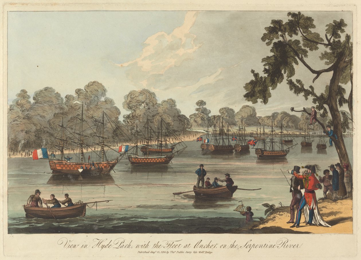 Utsikt i Hyde Park, med flåten ved anker ved Serpentine River, 12. august 1814 av Unknown artist