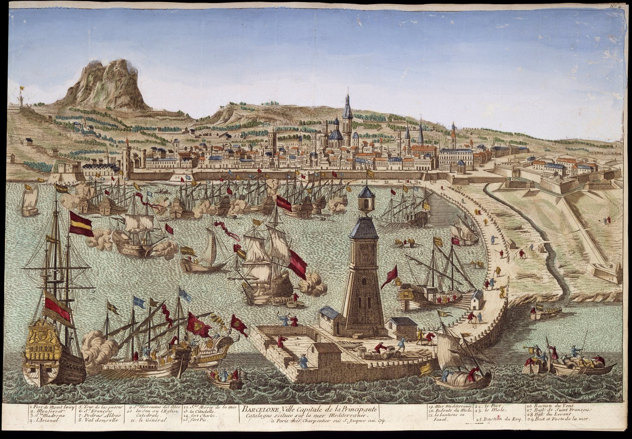 Utsikt over Barcelona og havnen - optisk utsikt av Unknown artist