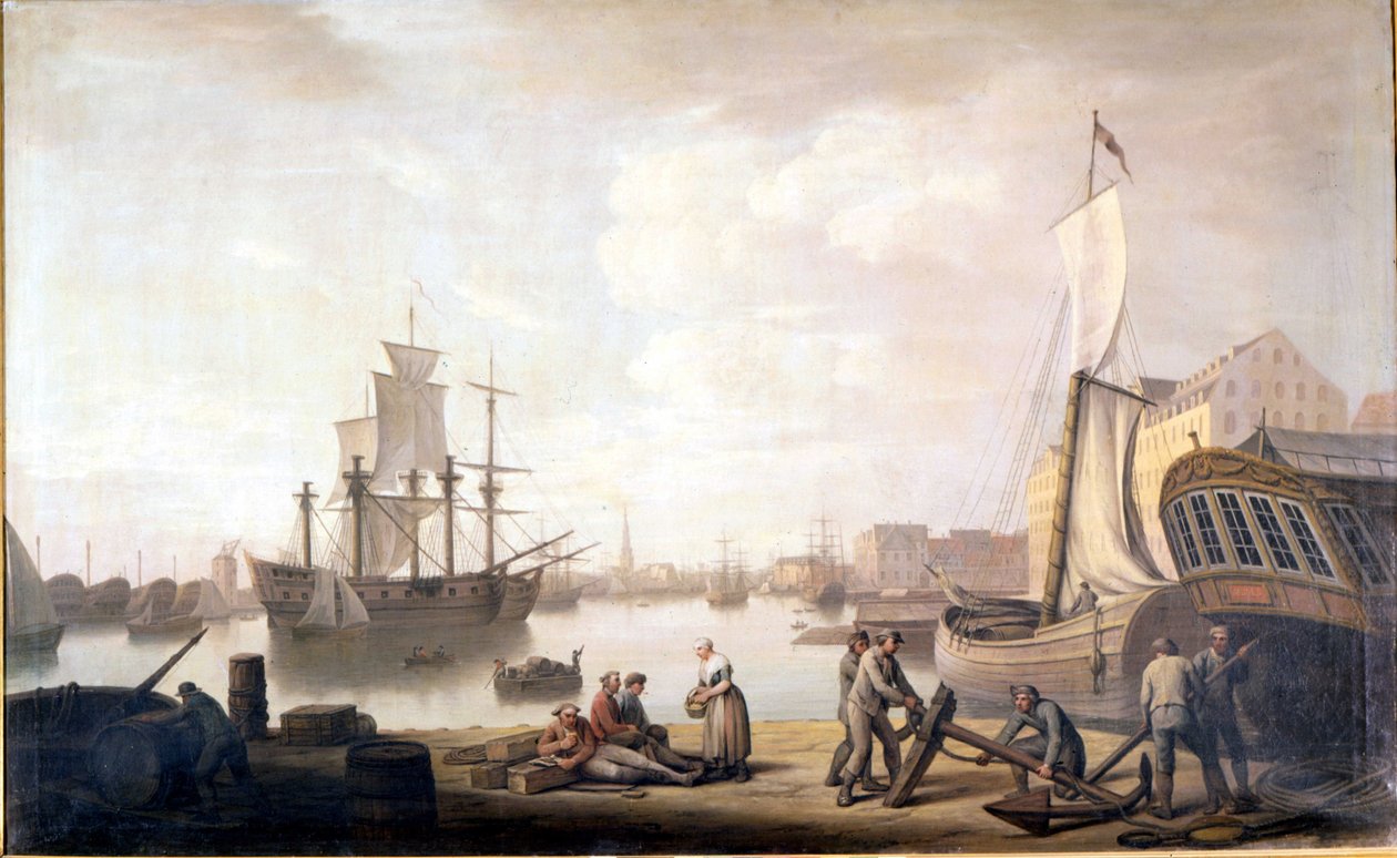 Utsikt over Københavns havn i Danmark. 1700-talls maleri av Unknown artist