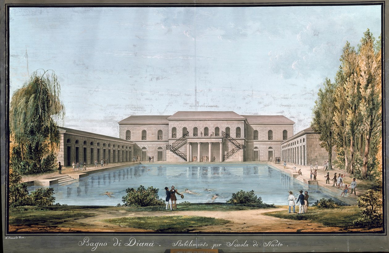 Utsikt over Diana-badet, det første italienske svømmebassenget, i Milano (maleri av Unknown artist