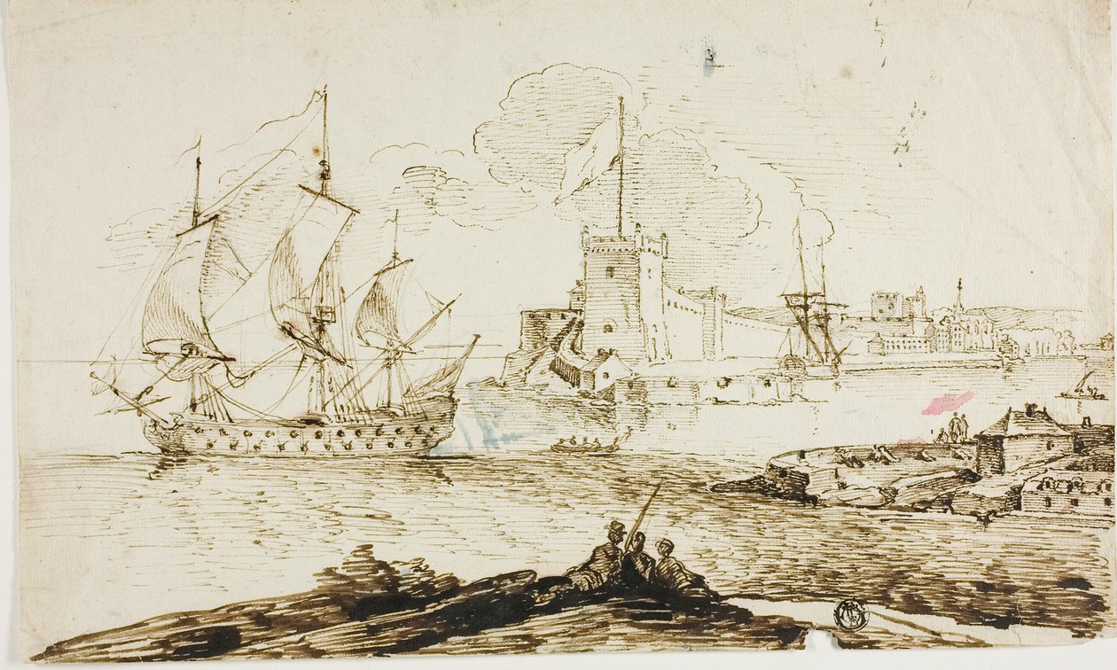 Utsikt over havnen i befestede by av Unknown artist