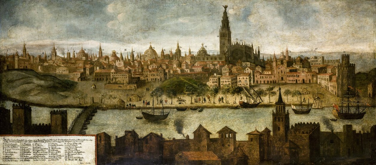 Utsikt over Hispalis (Sevilla), Anonym. Olje på lerret, størrelse: 108x242 av Unknown artist