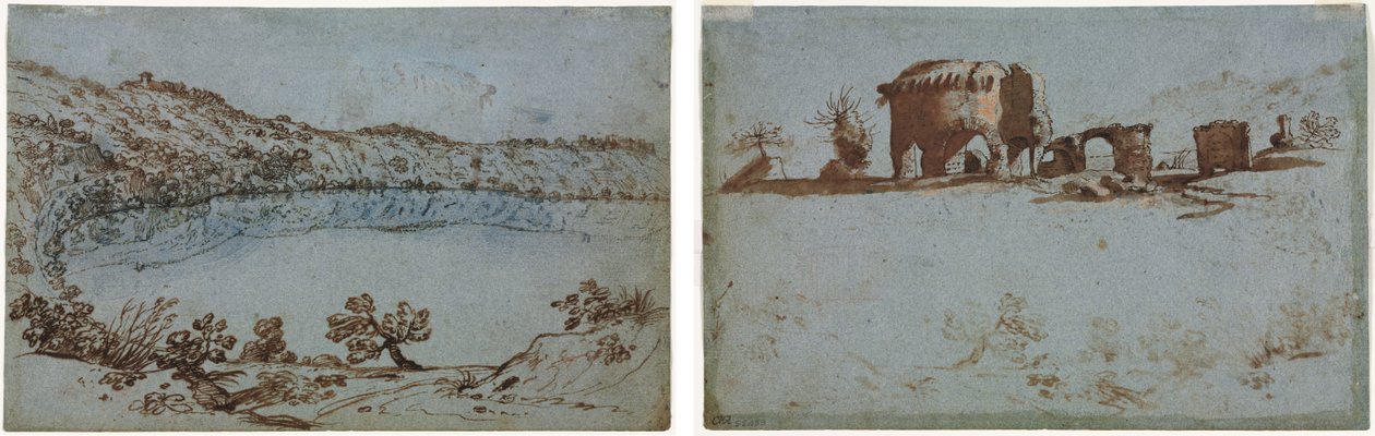 Utsikt over Lake Nemi (recto) Liten gruppe romerske ruiner (verso) av Unknown artist
