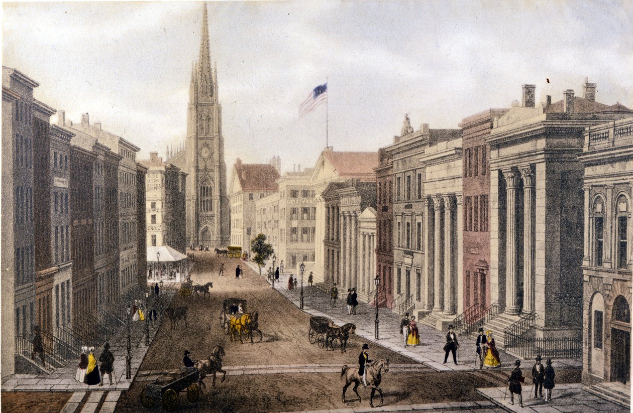 Utsikt over New York: Wall Street-utsikt over William Street. Litografi sd. rundt midten av 1800-tallet. av Unknown artist