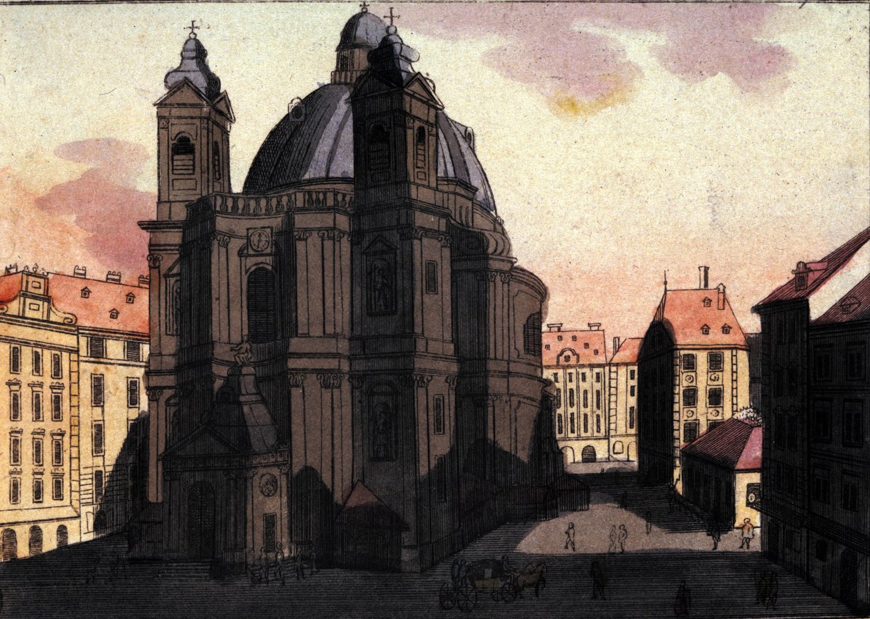 Utsikt over Petersplassen og kirken i Wien, Østerrike Gravering fra 1820 av Unknown artist