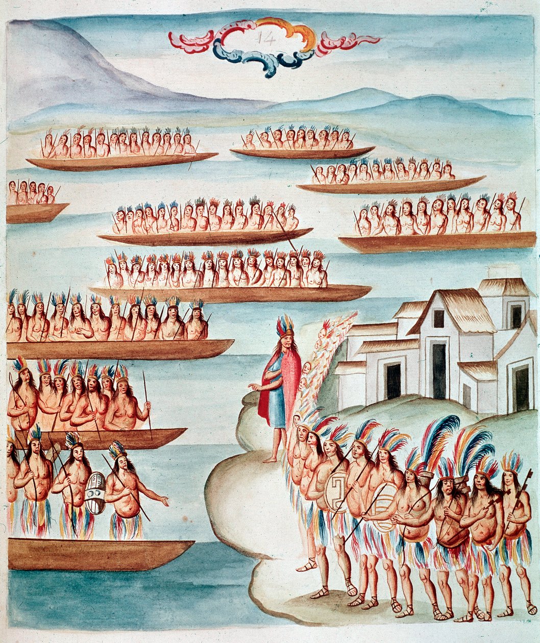 Utsikt over Tlatelolco omgitt av lagunen, Mexico (akvarell, ca. 1770-1780) av Unknown artist