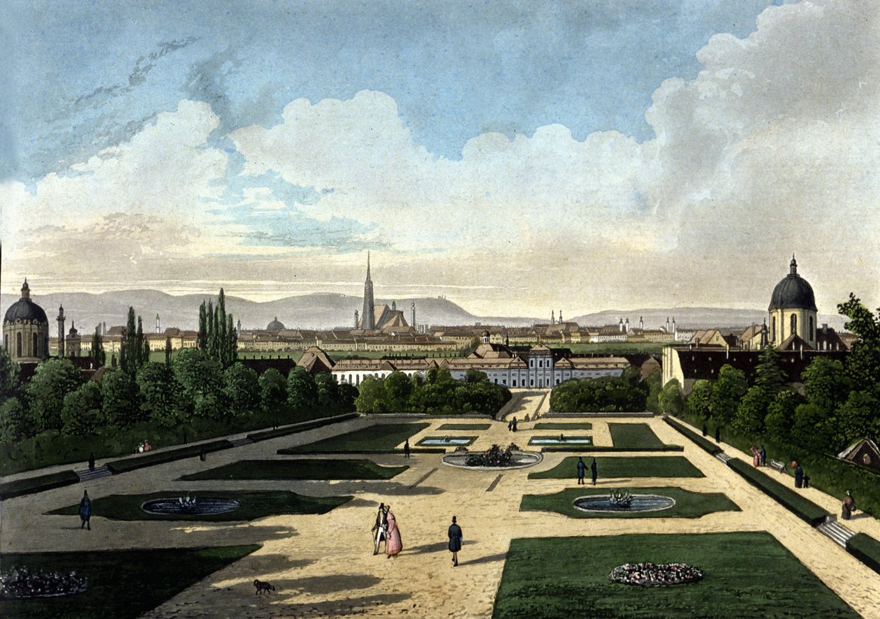 Utsikt over Wiens Belvedere, østerriksk barokkpalass bygget av Eugene de Savoye. Litografi fra 1800-tallet av Unknown artist
