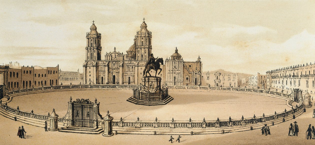 Utsikt over Zocalo-plassen og katedralen i Mexico City, Mexico Litografi fra slutten av 1800-tallet av Unknown artist