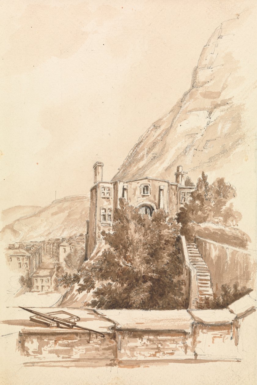 Utsikt over en by med klipper i bakgrunnen av Unknown artist