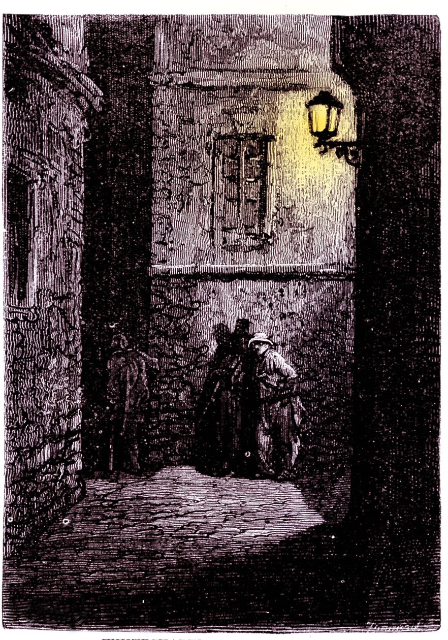 Utsikt over en mørk bakgate i Whitechapel-distriktet i London. Gravering fra 1700-tallet av Unknown artist