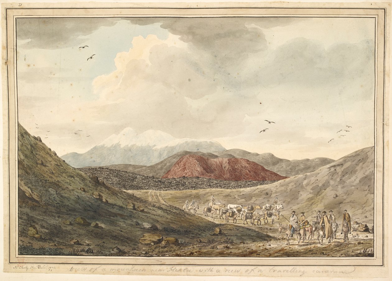 Utsikt mot et fjell, nær Hekla med utsikt mot en reisende campingvogn. av Unknown artist