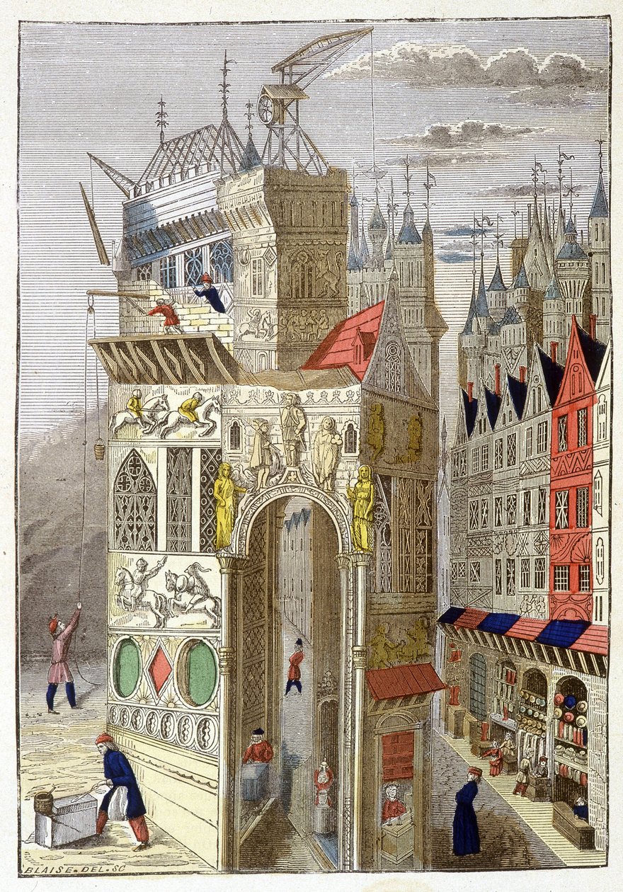 Utsikt over en rue de Paris på 1400-tallet, med bindingsverkshus og en kirke under bygging. av Unknown artist