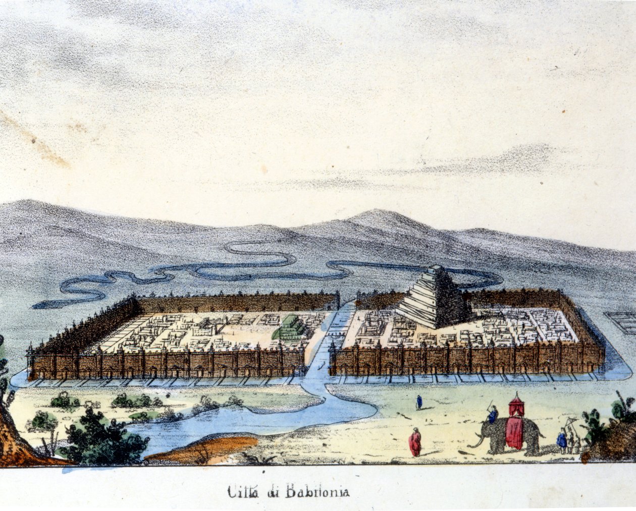 Utsikt over det gamle Babylon: i sentrum tempelet og de hengende hagene. Brennende sd. tidlig på 1800-tallet. av Unknown artist