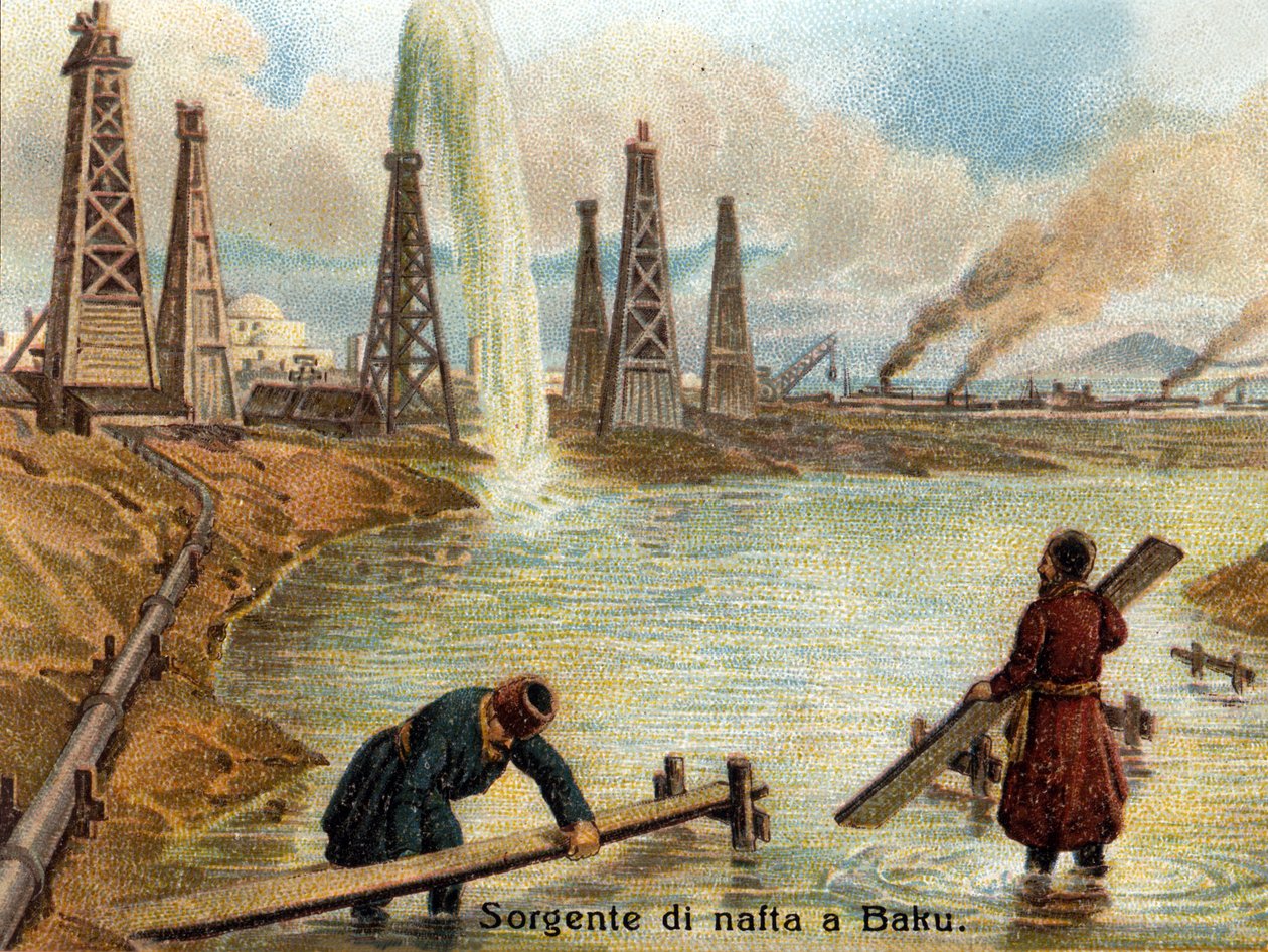 Utsikt over oljebrønner i Baku, Aserbajdsjan. kromolitografi fra ca 1890. av Unknown artist