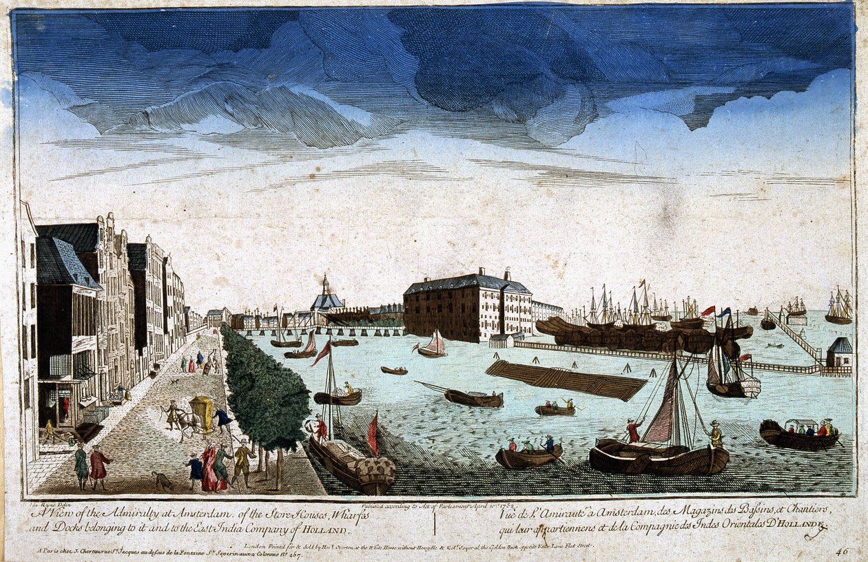 Utsikt over Admiralitetet i Amsterdam av butikkene i bassengene og byggeplassene som eies av dem og Company of the East Indies of Holland - Optisk utsikt av Unknown artist