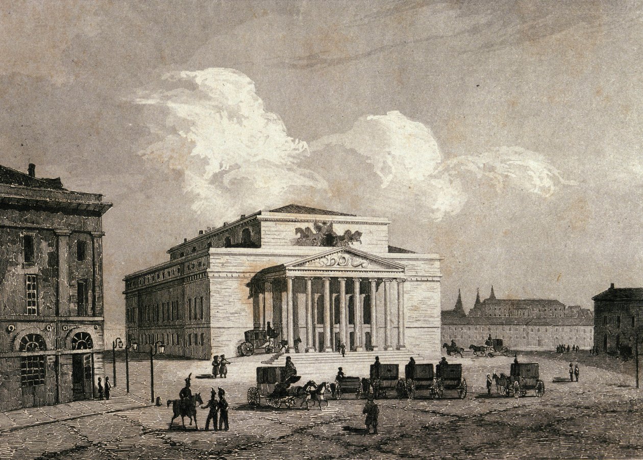 Utsikt over Bolchoi-teatret i Moskva, Russland i 1838 Gravering av 1800-tallet av Unknown artist