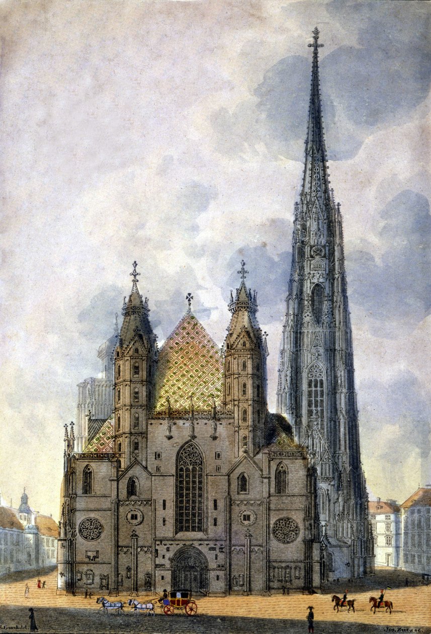 Utsikt over St. Stephen-katedralen (St. Stephen eller Stephansdom eller St. Stephane eller St. Stephan Kirche) fra Wien i Østerrike på slutten av 1700-tallet. av Unknown artist