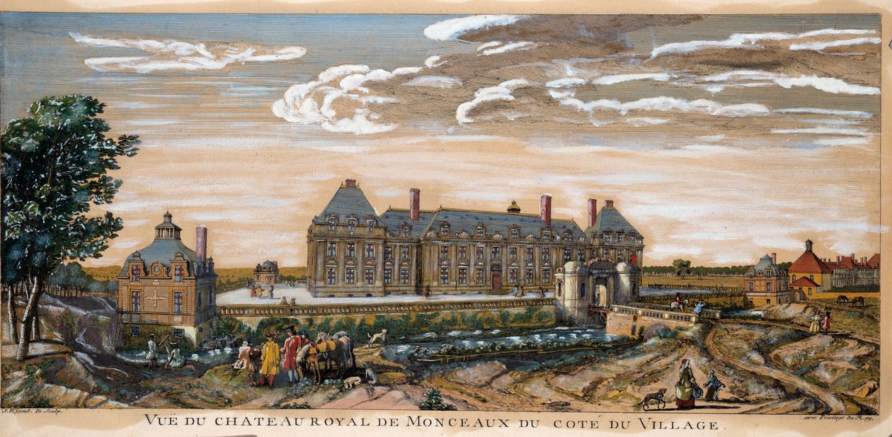 Utsikt over Chateau Royal de Monceaux. Gravering fra 1740. Privat samling. av Unknown artist