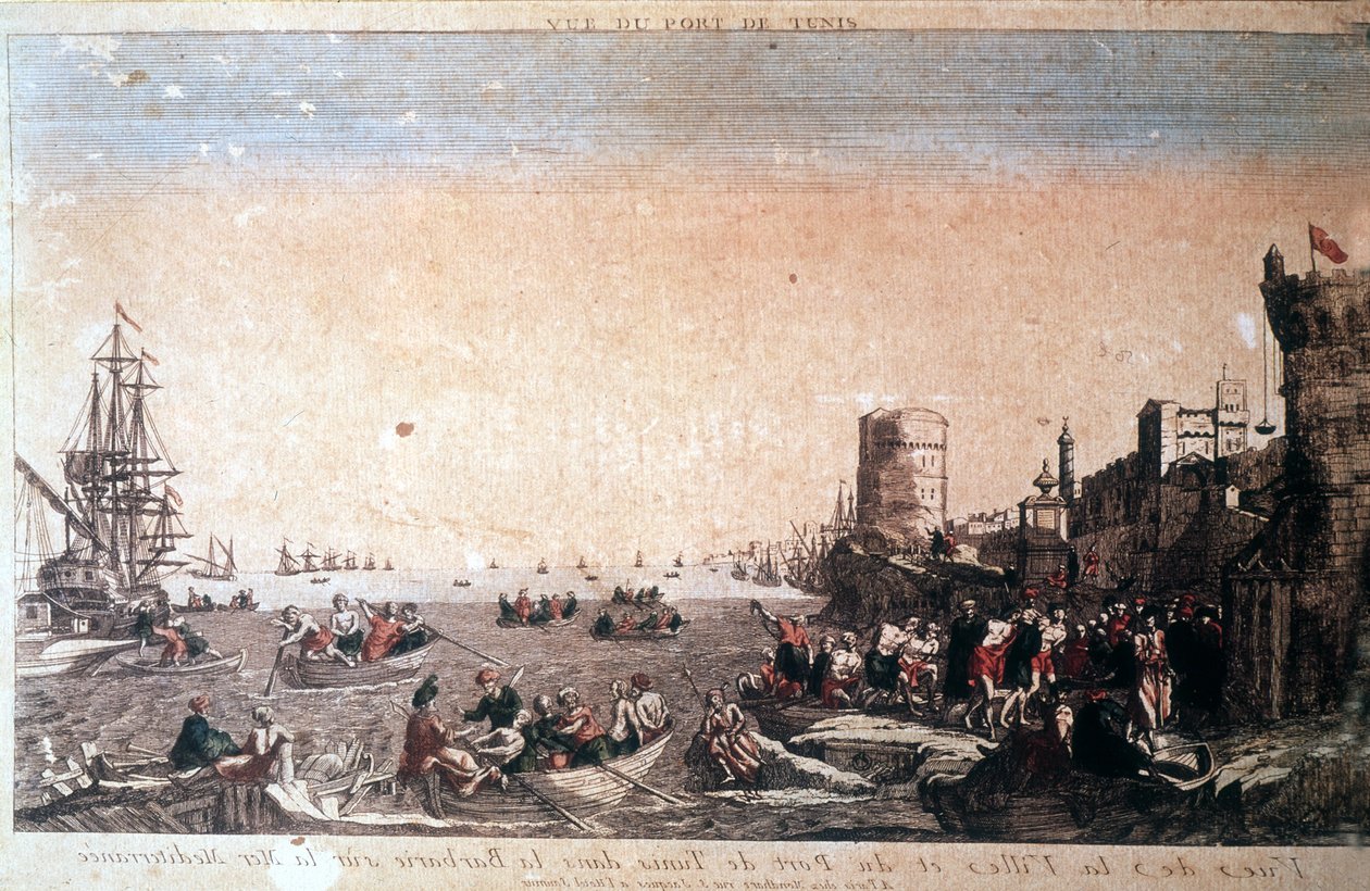 Utsikt over byen og havnen i Tunis i barbari ved Middelhavet - Fangede pirater ankommer Port de la Goulette i Tunis. Gravering 1700-tallet. av Unknown artist