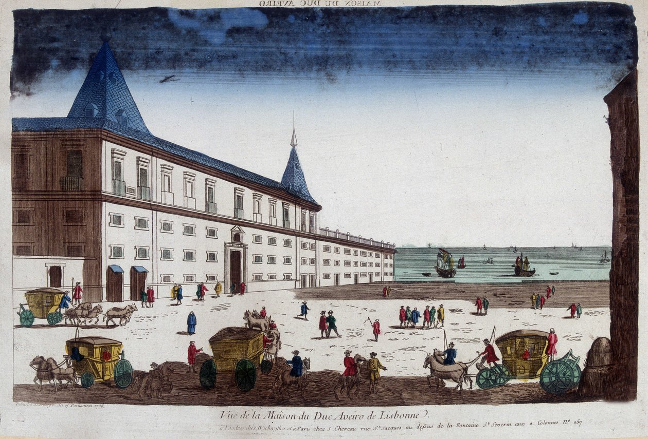 Utsikt over hertugen av Aveiros hus i Lisboa, Portugal. 1700-talls gravering. av Unknown artist