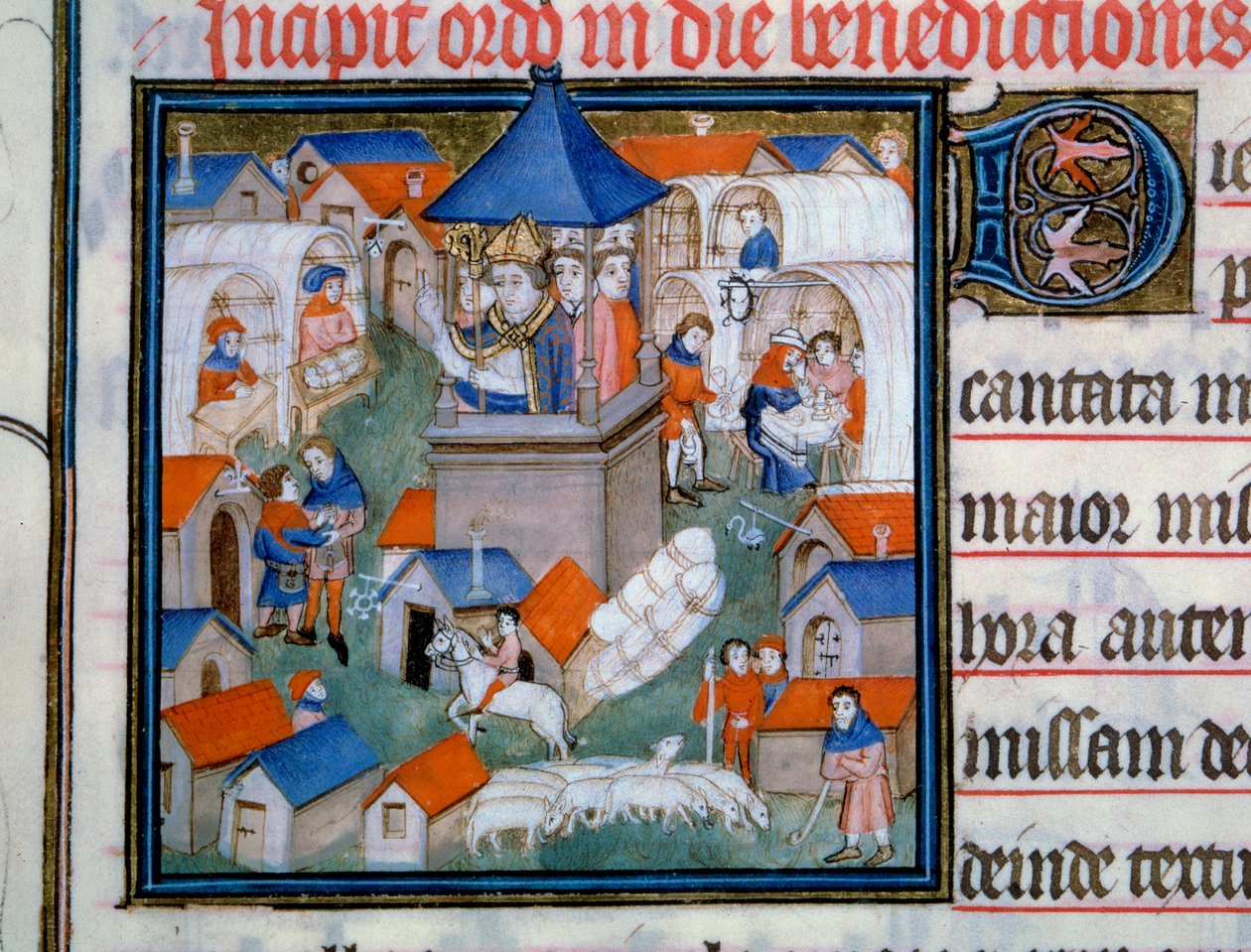 Utsikt over Lendit-messen, populær samling og turgåing i byen Saint Denis Festen i Paris velsignet åpningen av denne begivenheten. Miniatyr fra "Pontifical de Sens"" Paris fra 1300-tallet, B.N. av Unknown artist
