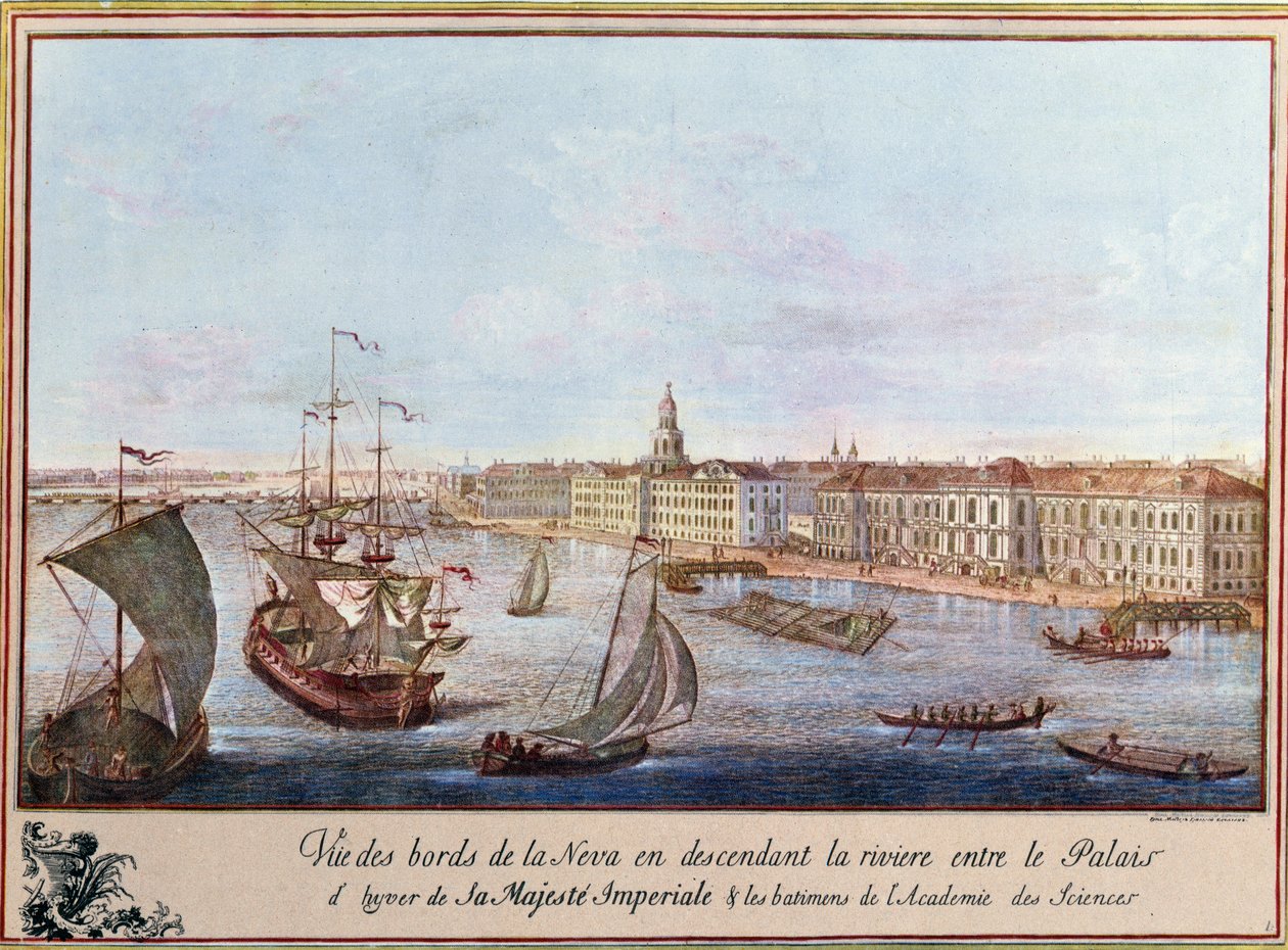 Utsikt over Neva ved Vinterpalasset og Vitenskapsakademiet i St. Petersburg. Trykk omkring 1753. Paris, B.N. av Unknown artist