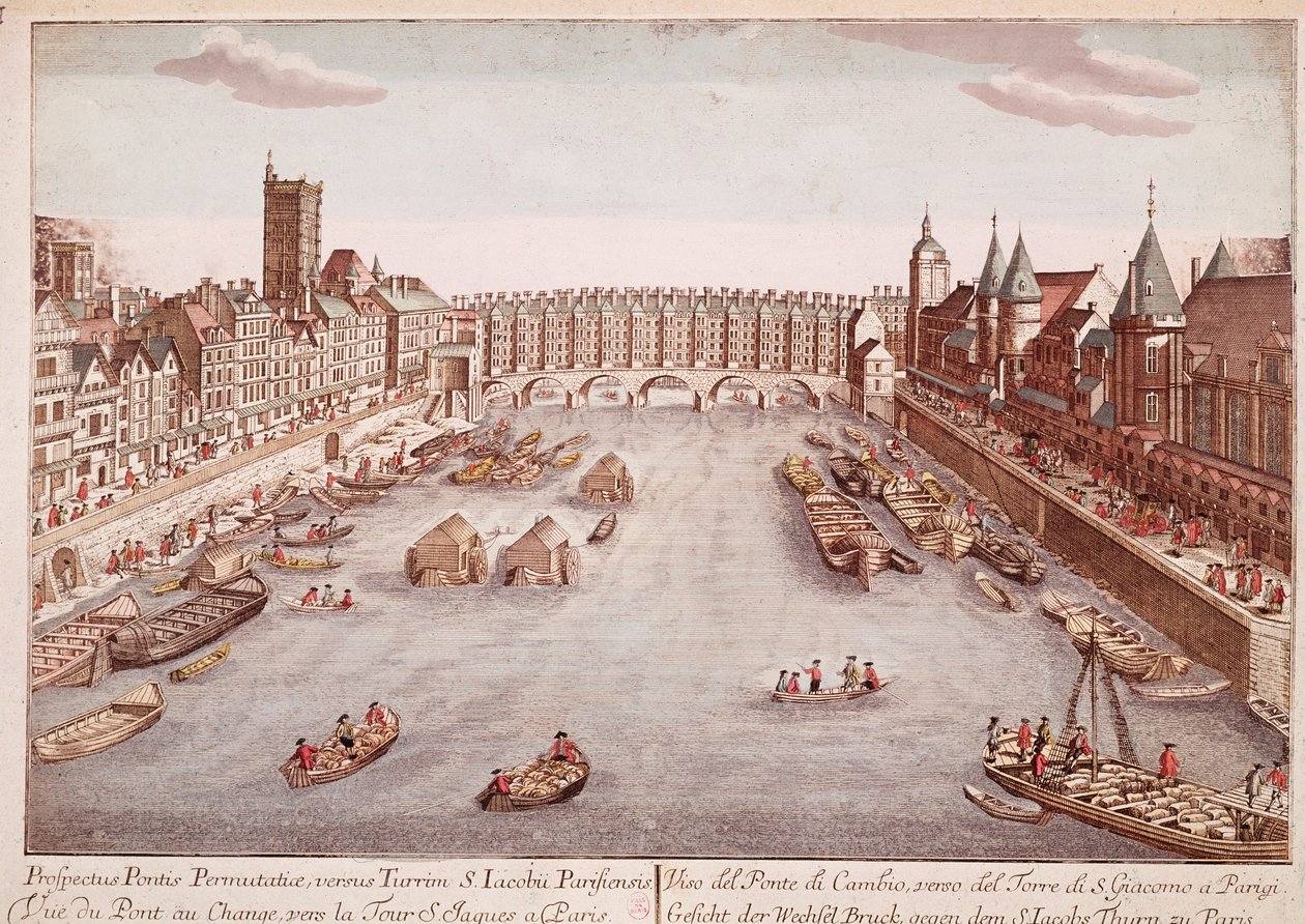 Utsikt over Pont-au-Change mot Saint-Jacques Tower, Paris (gravering) av Unknown artist