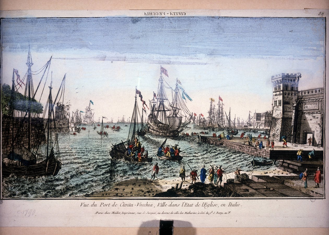 Utsikt over havnen i Civitavecchia, by i kirkens delstat, Italia. Optisk visning av 1700-tallet. av Unknown artist