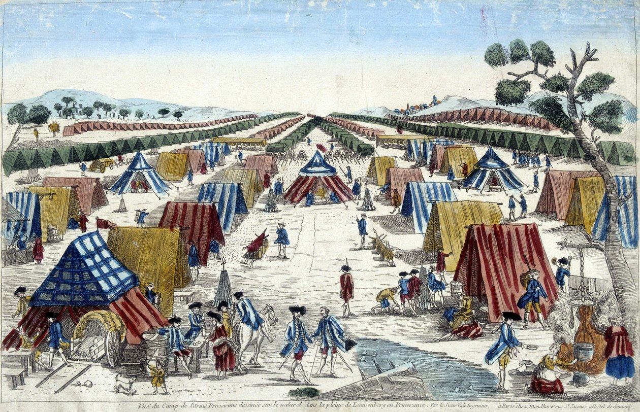 Utsikt over den prøyssiske hærleiren, tegnet på naturen på sletten Lomvenborg i Pommern. av Unknown artist