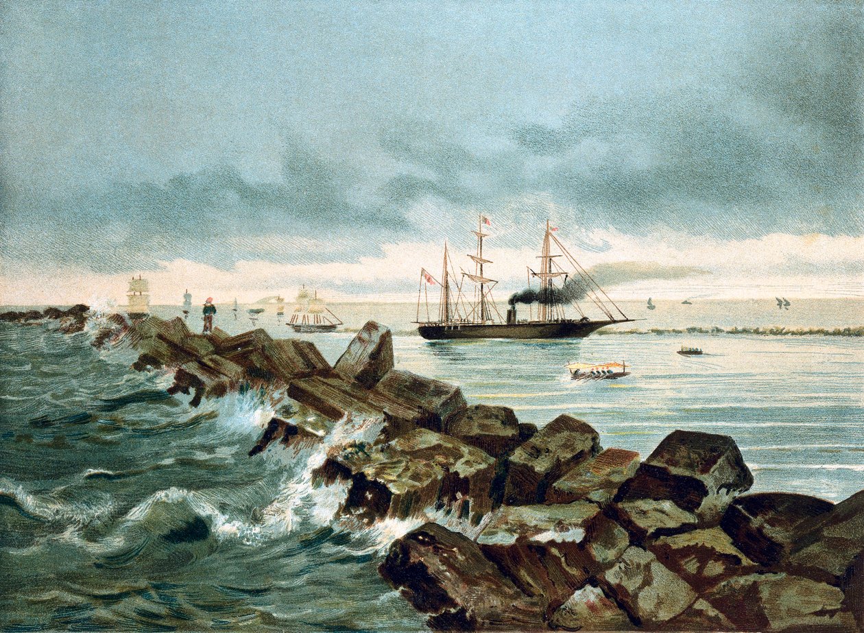 Utsikt over Suez-kanalen innvies 17.09.1869. Kromolitografi fra 1800-tallet av Unknown artist