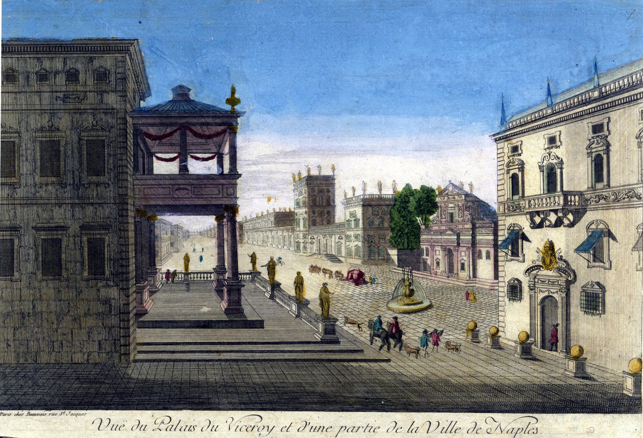 Utsikt over Viceroi-palasset og en del av byen Napoli i 1760. av Unknown artist