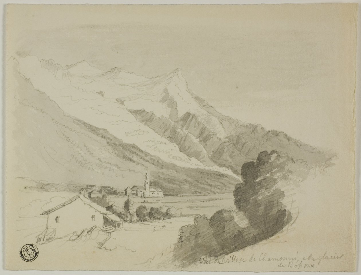 Utsikt over landsbyen Chamonix og Bossons-breen av Unknown artist