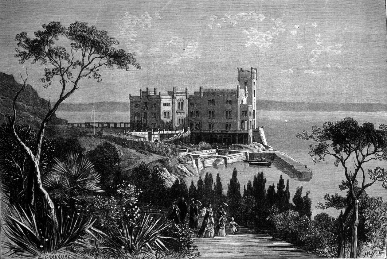 Utsikt over slottet Miramare i Trieste (i den østerrikske perioden), gravering fra 1885 av Unknown artist