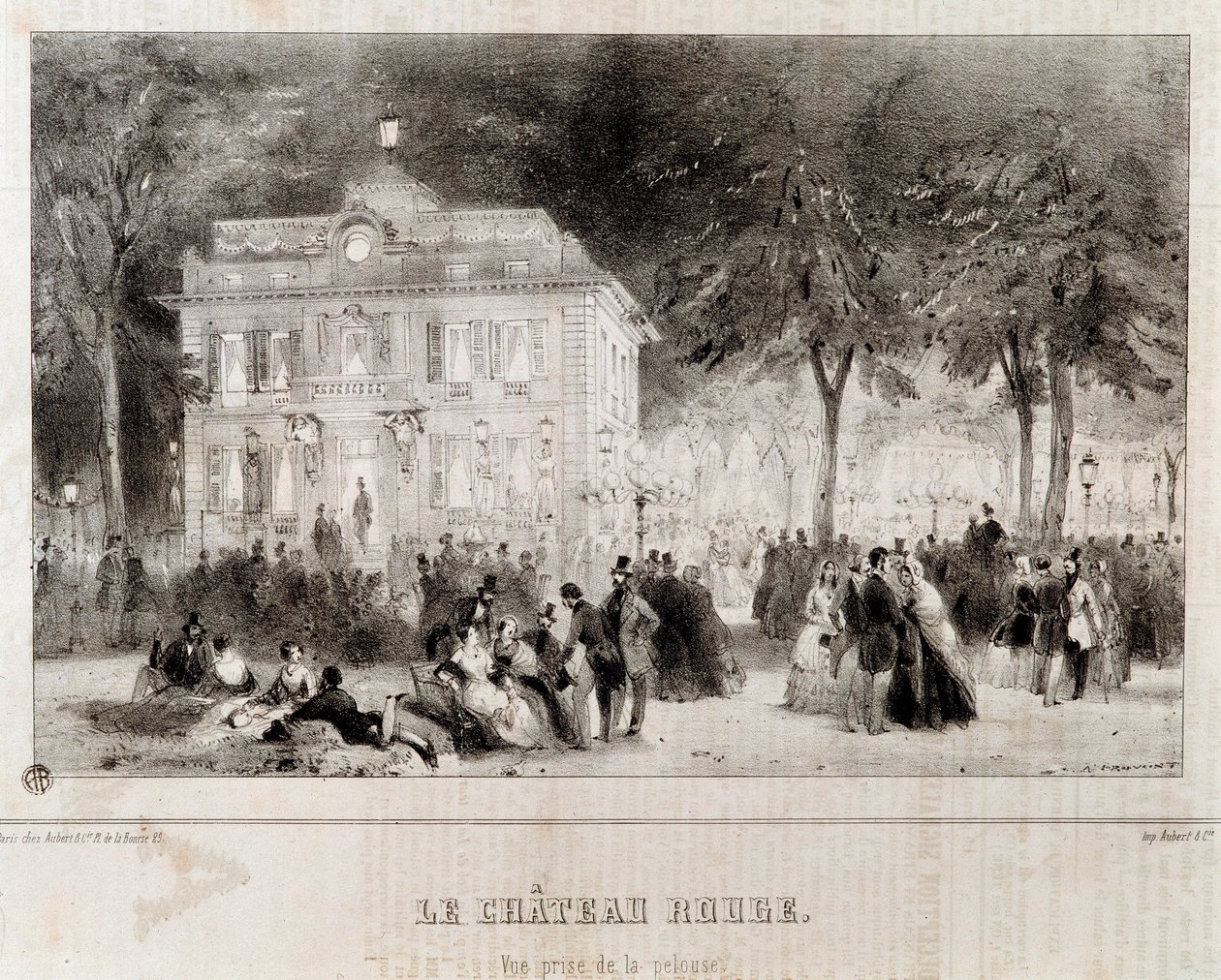 Utsikt over slottet kjent som Chateau rouge bygget for Gabrielle d'Estrees, som gir navnet til Paris-distriktet og som ble forvandlet på 1800-tallet til en offentlig dans. Litografi av 1840 privatsamling av Unknown artist