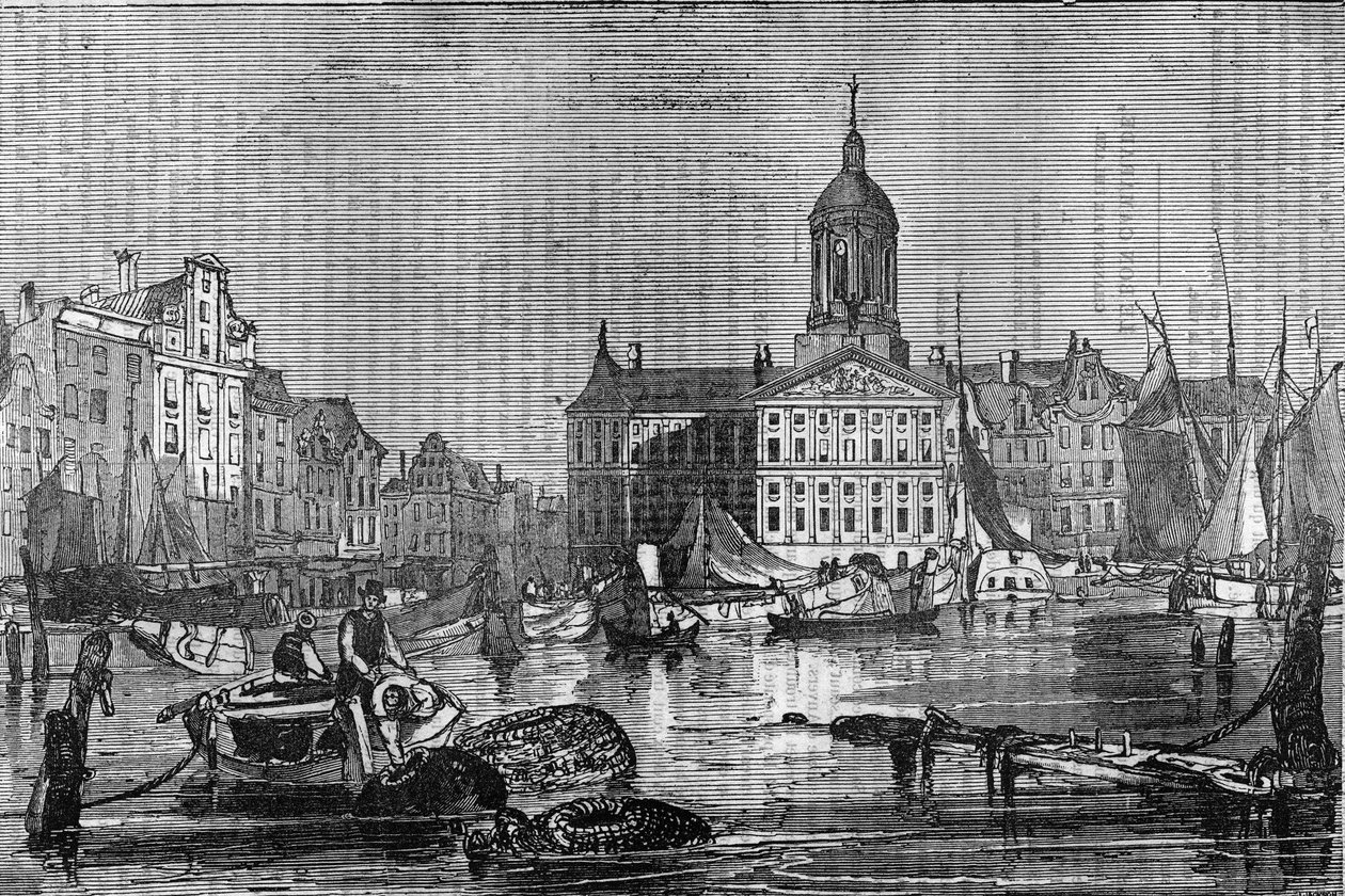 Utsikt over byen Amsterdam og det gamle rådhuset på 1800-tallet. av Unknown artist