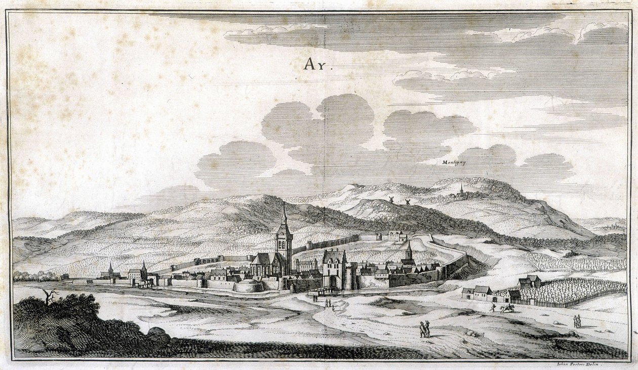 Utsikt over byen Ay. Gravering fra slutten av 1700-tallet. av Unknown artist