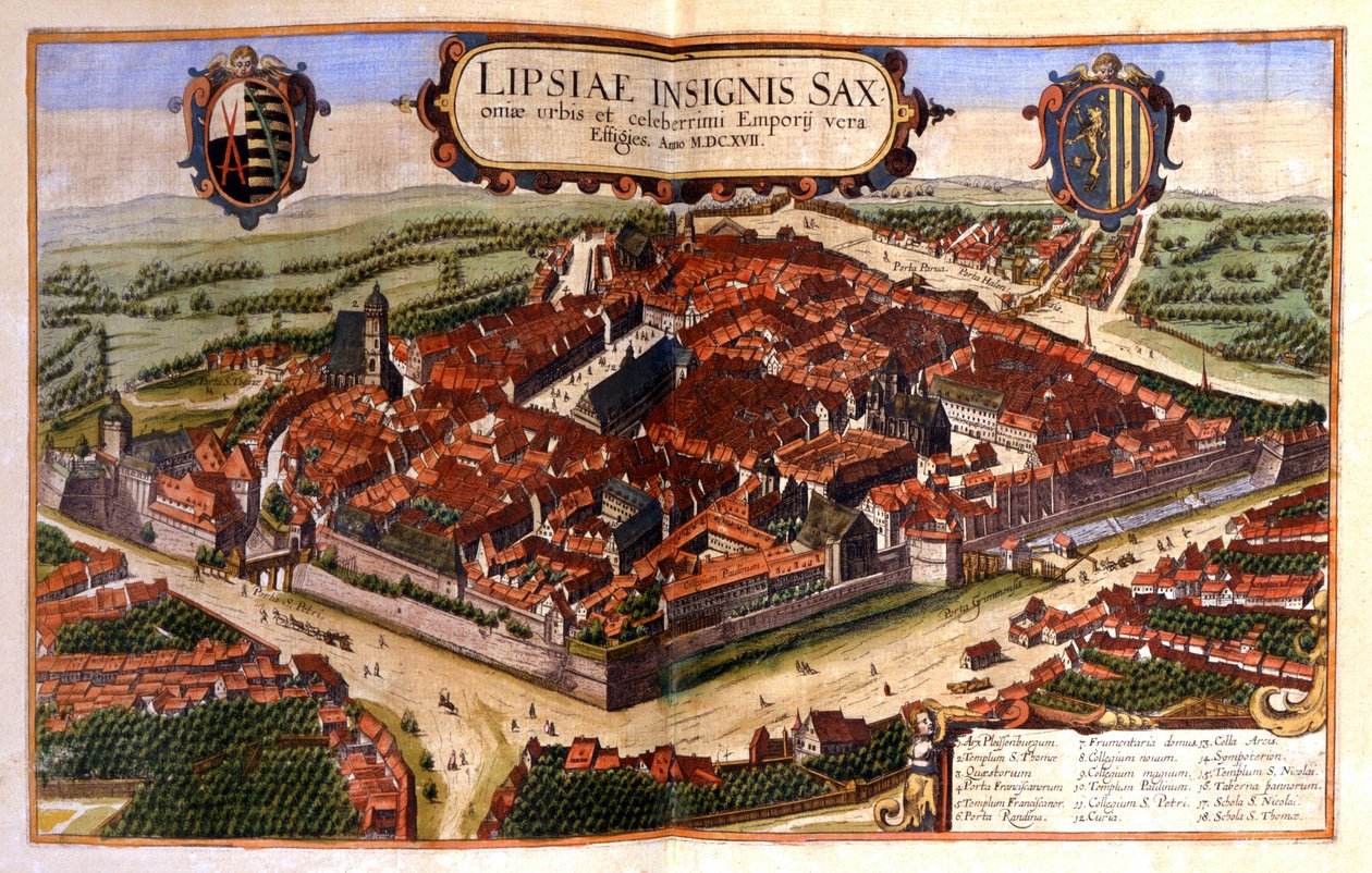 Utsikt over byen Leipzig i Tyskland. Gravering fra 1600-tallet av Unknown artist