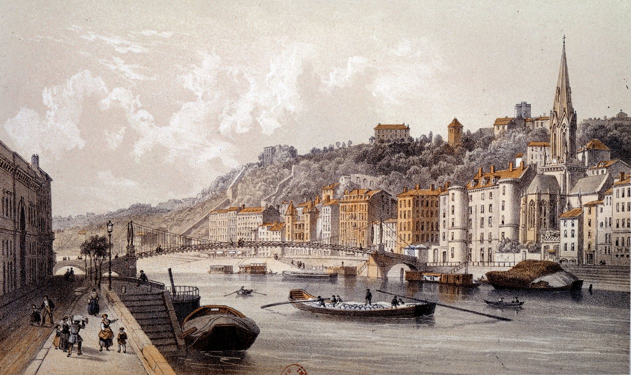 Utsikt over byen Lyon fra Quai Tilsitt. Gravering av 1800-tallet. Paris, B.N. av Unknown artist