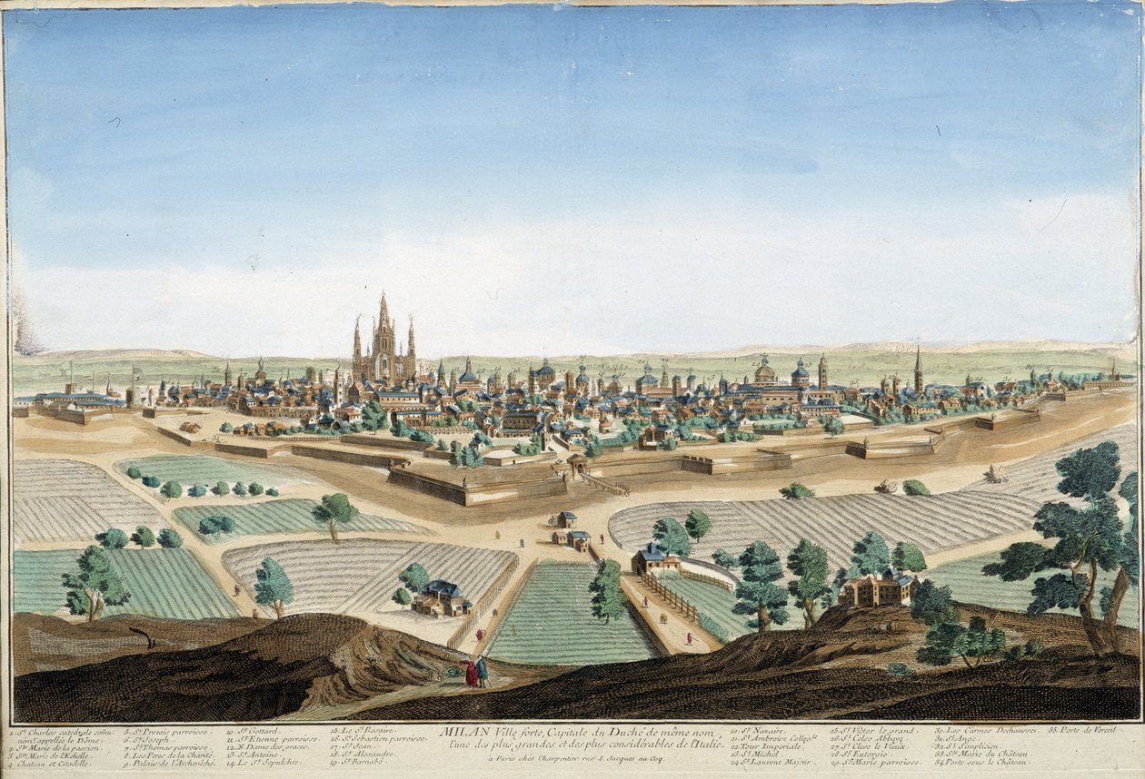 Utsikt over byen Milano, Italia med katedralen og festningsverkene. Gravering fra 1700-tallet. av Unknown artist