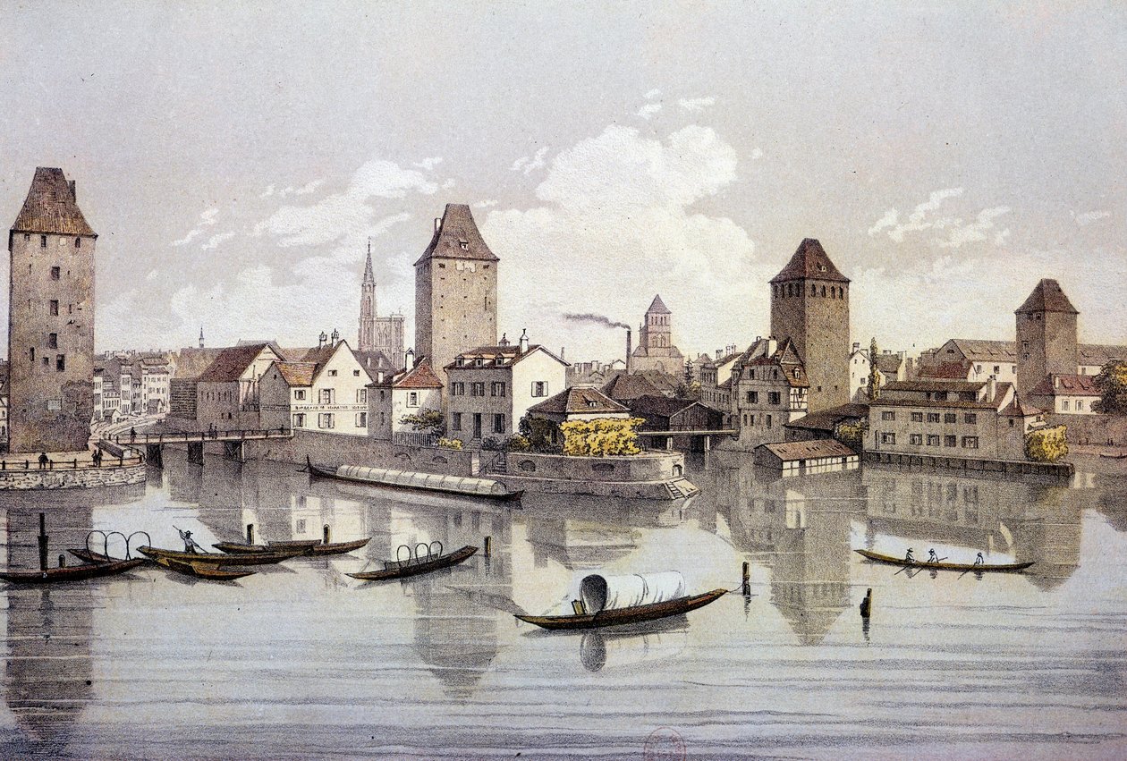 Utsikt over byen Strasbourg ved Rhinen. Gravering fra 1800-tallet Paris, B.N. av Unknown artist