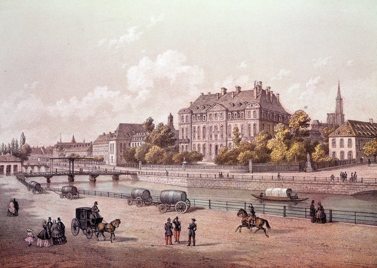 Utsikt over byen Strasbourg ved Rhinen. Gravering fra 1800-tallet Paris, B.N. av Unknown artist