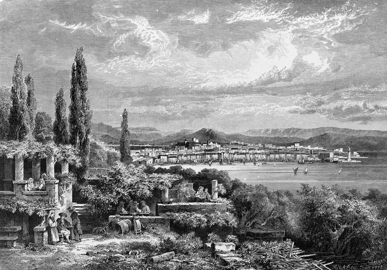 Utsikt over byen Trieste (i den østerrikske perioden), gravering fra 1885 av Unknown artist